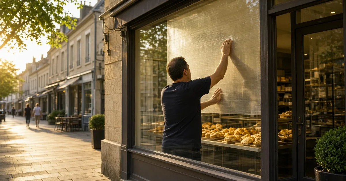 Vitrine de centre-ville en Seine-et-Marne préparée pour une pose de film tôt le matin